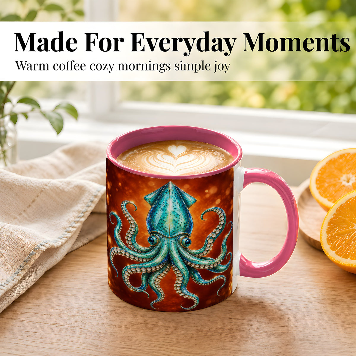 #pl[11oz|Pink] Luminous Blue Squid Coffee Mug, Ocean Creature Mug, Ceramic Cup