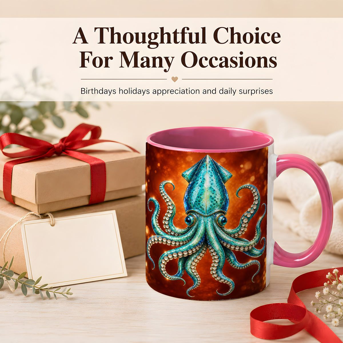 #pl[11oz|Pink] Luminous Blue Squid Coffee Mug, Ocean Creature Mug, Ceramic Cup