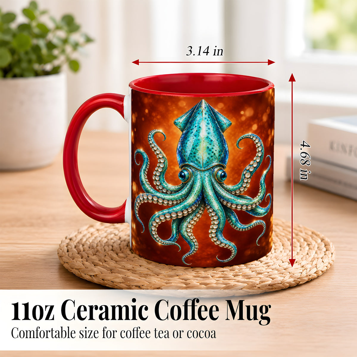 #pl[11oz|Red] Luminous Blue Squid Coffee Mug, Ocean Creature Mug, Ceramic Cup