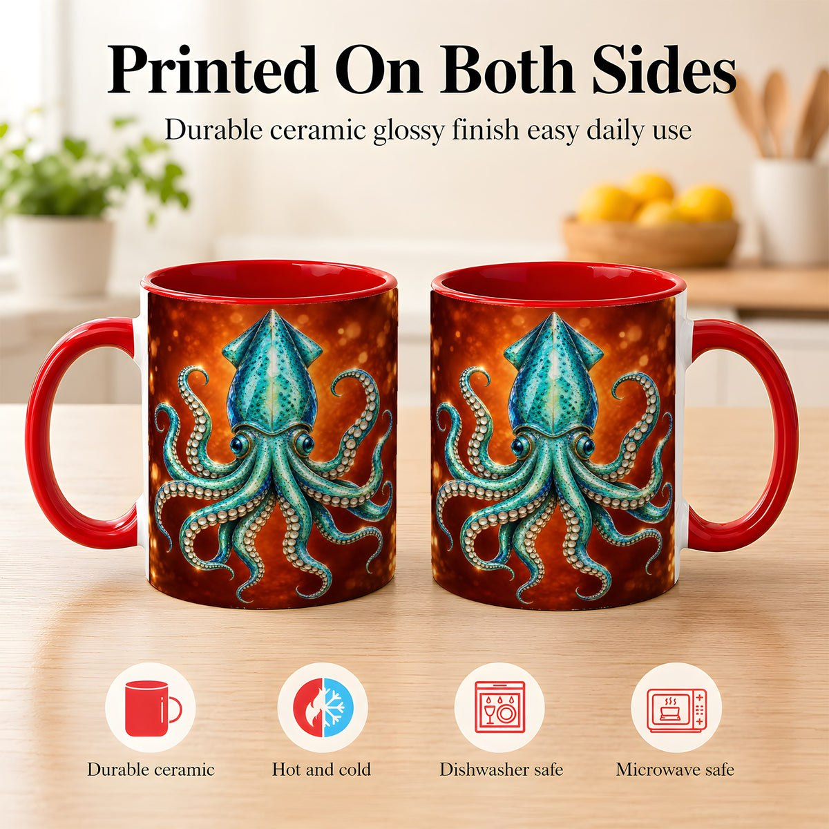 #pl[11oz|Red] Luminous Blue Squid Coffee Mug, Ocean Creature Mug, Ceramic Cup