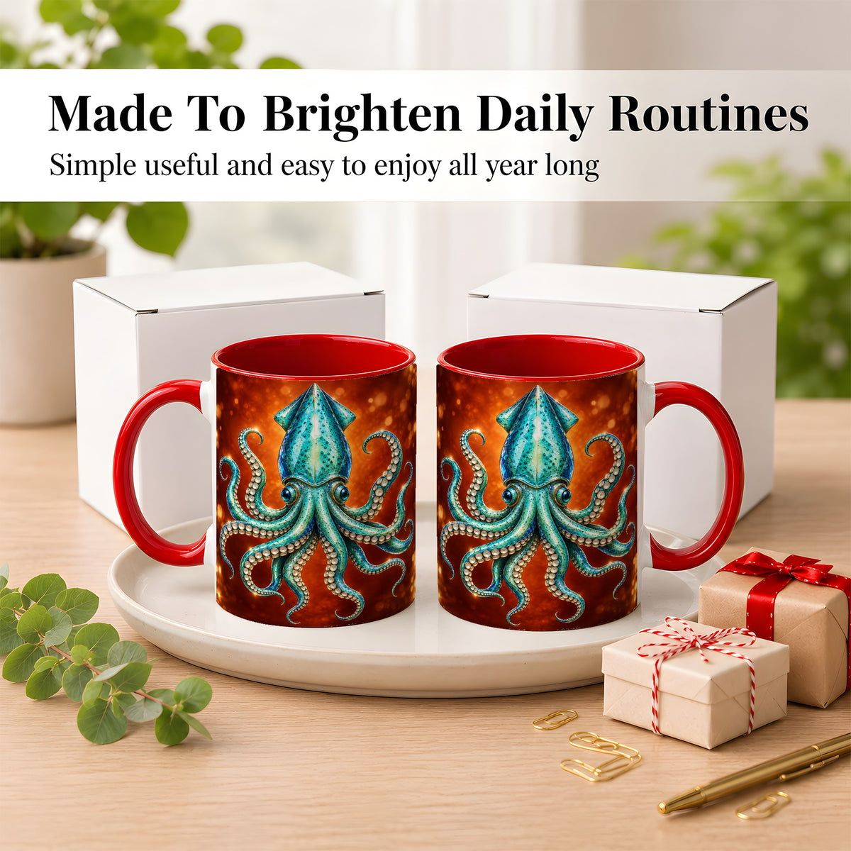 #pl[11oz|Red] Luminous Blue Squid Coffee Mug, Ocean Creature Mug, Ceramic Cup