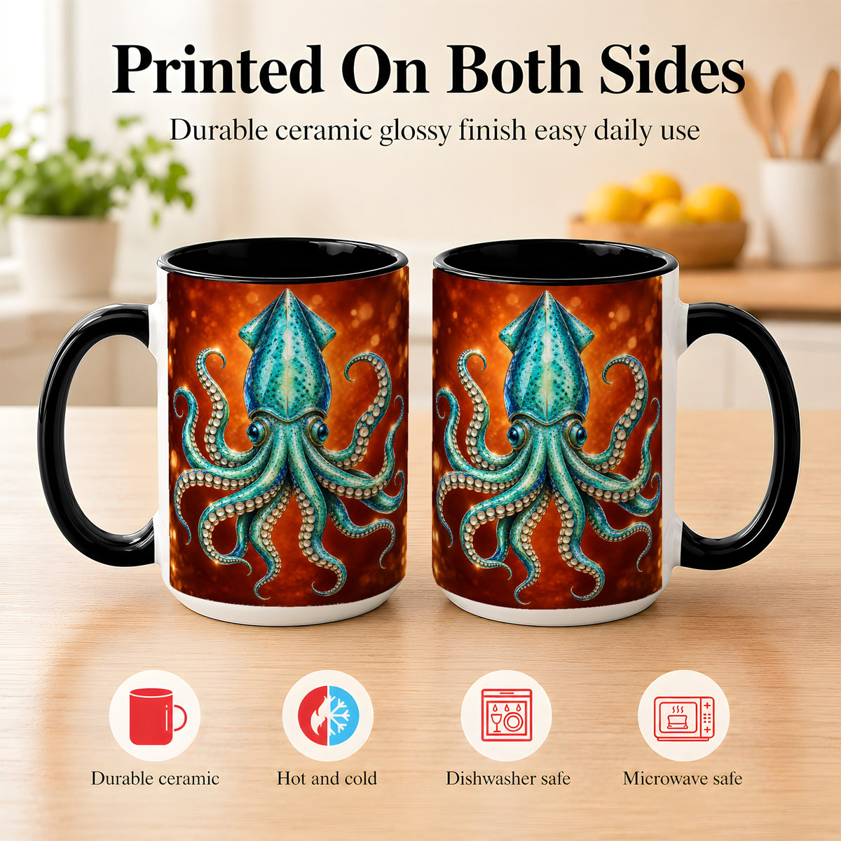 #pl[15oz|Black] Luminous Blue Squid Coffee Mug, Ocean Creature Mug, Ceramic Cup