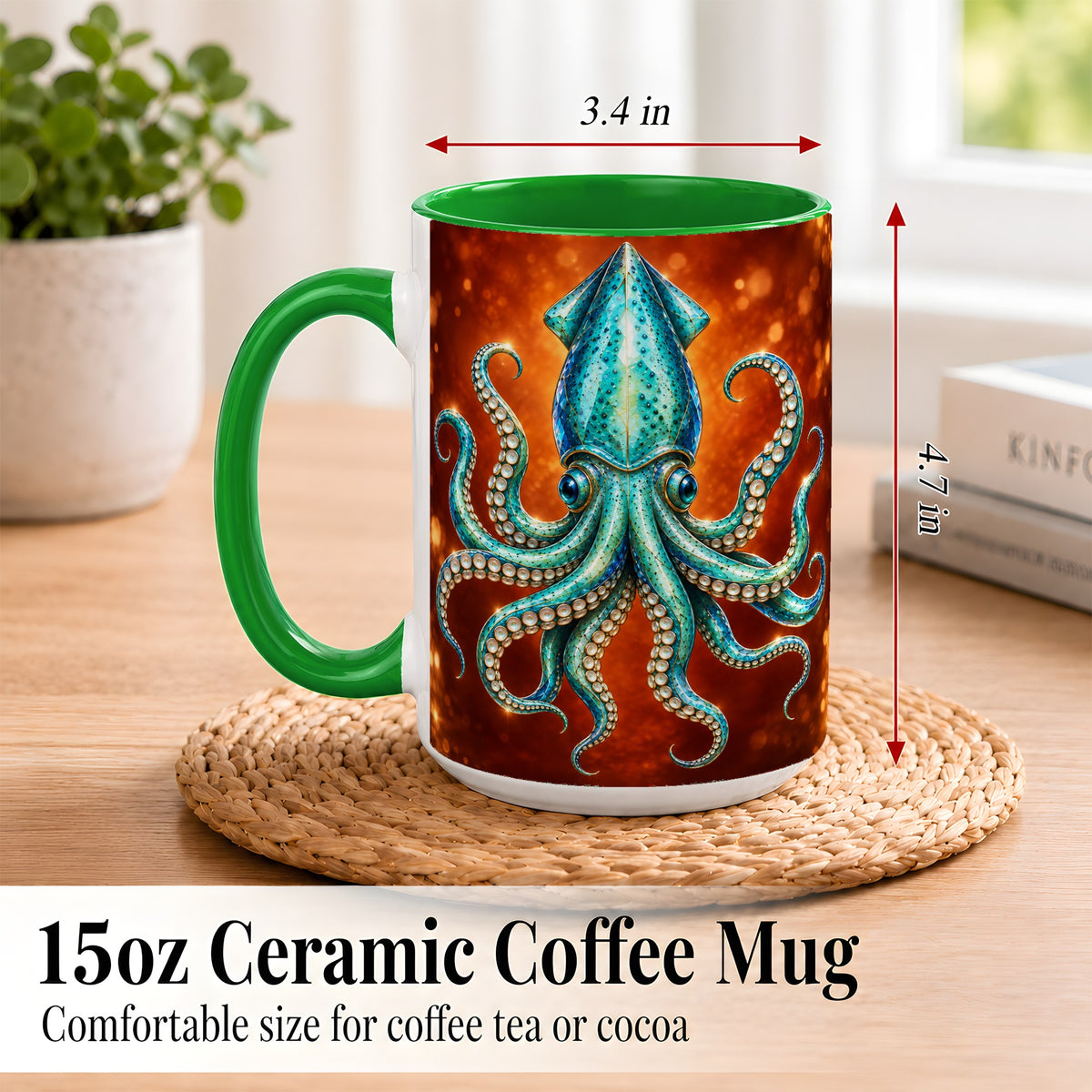 #pl[15oz|Green] Luminous Blue Squid Coffee Mug, Ocean Creature Mug, Ceramic Cup