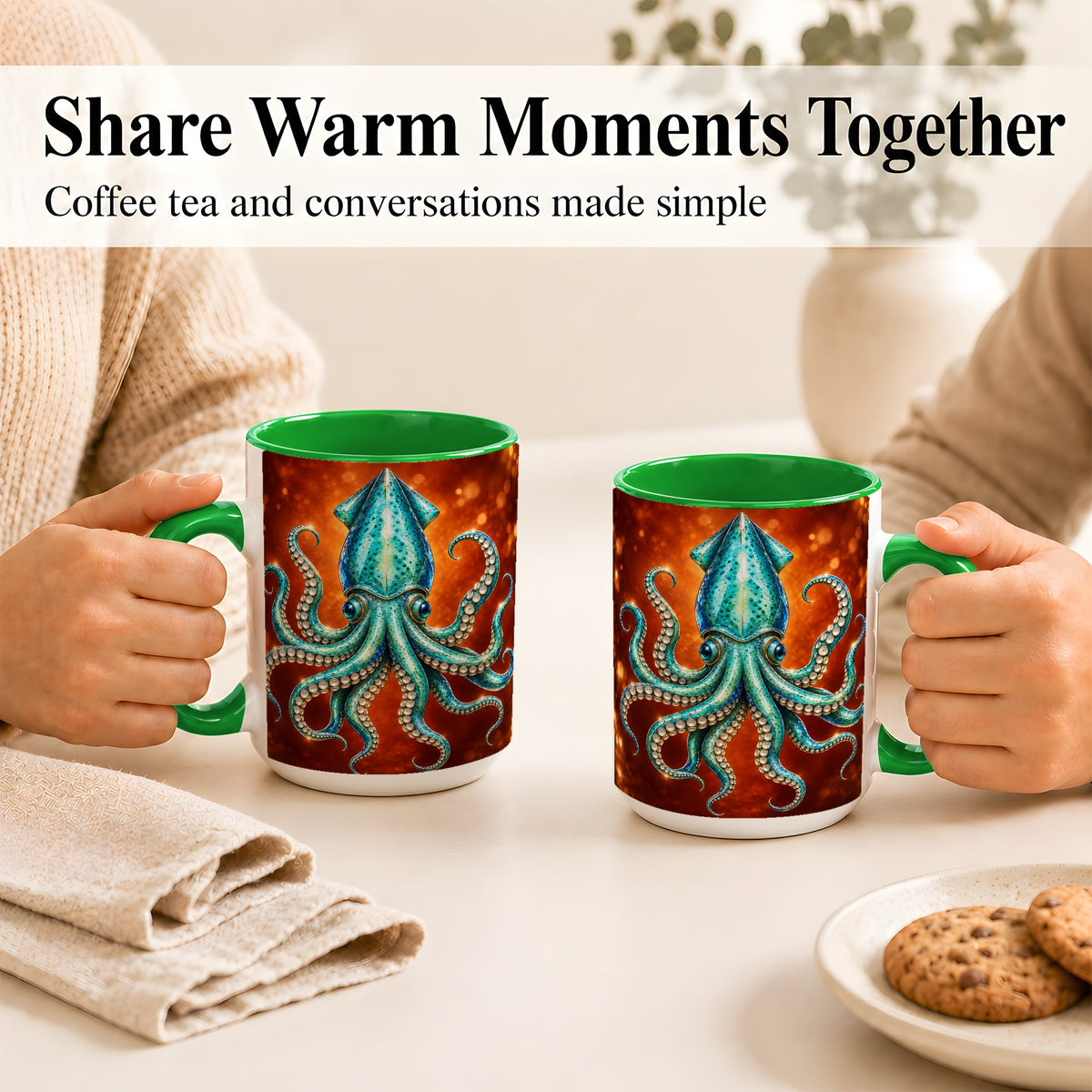 #pl[15oz|Green] Luminous Blue Squid Coffee Mug, Ocean Creature Mug, Ceramic Cup