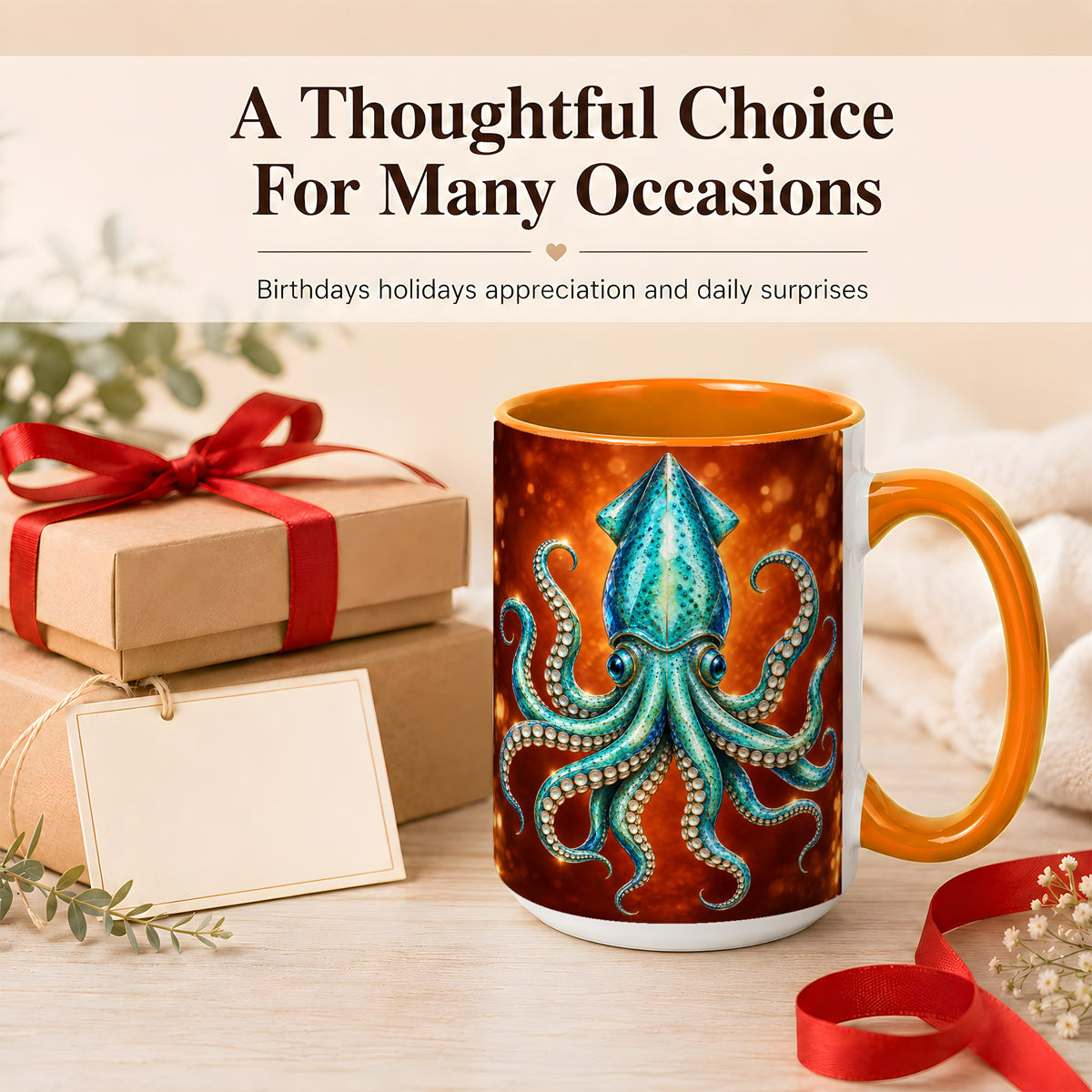 #pl[15oz|Orange] Luminous Blue Squid Coffee Mug, Ocean Creature Mug, Ceramic Cup