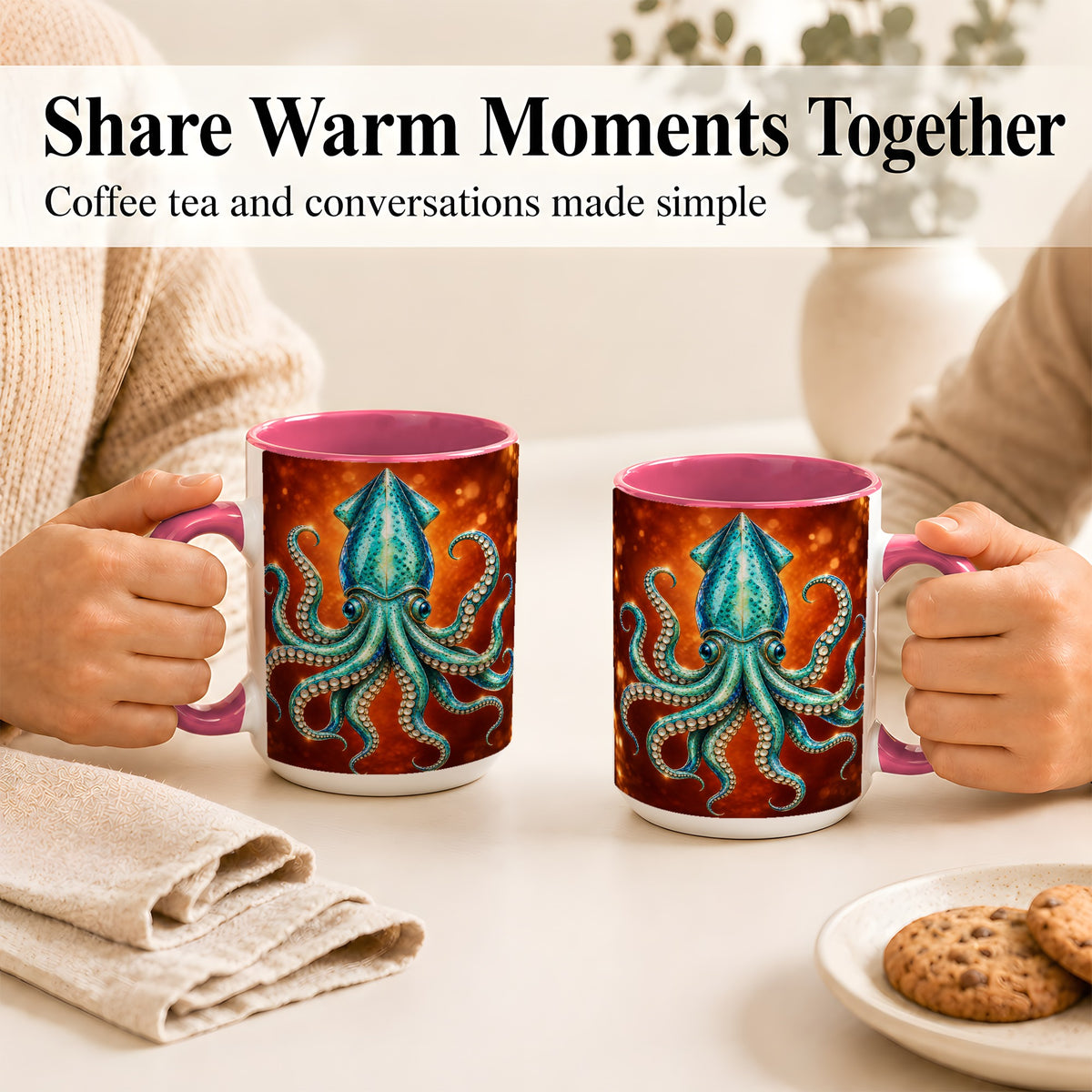#pl[15oz|Pink] Luminous Blue Squid Coffee Mug, Ocean Creature Mug, Ceramic Cup