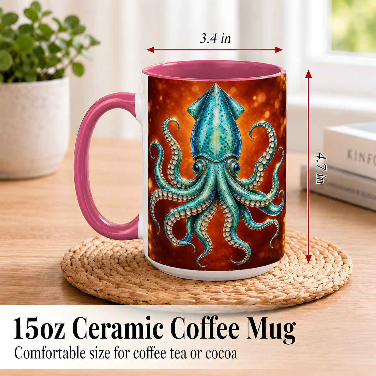 #pl[15oz|Pink] Luminous Blue Squid Coffee Mug, Ocean Creature Mug, Ceramic Cup