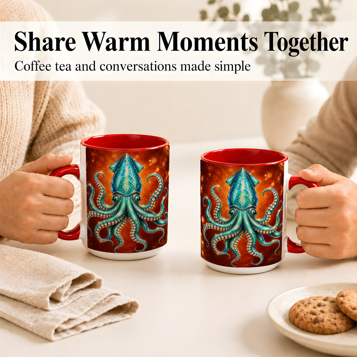 #pl[15oz|Red] Luminous Blue Squid Coffee Mug, Ocean Creature Mug, Ceramic Cup