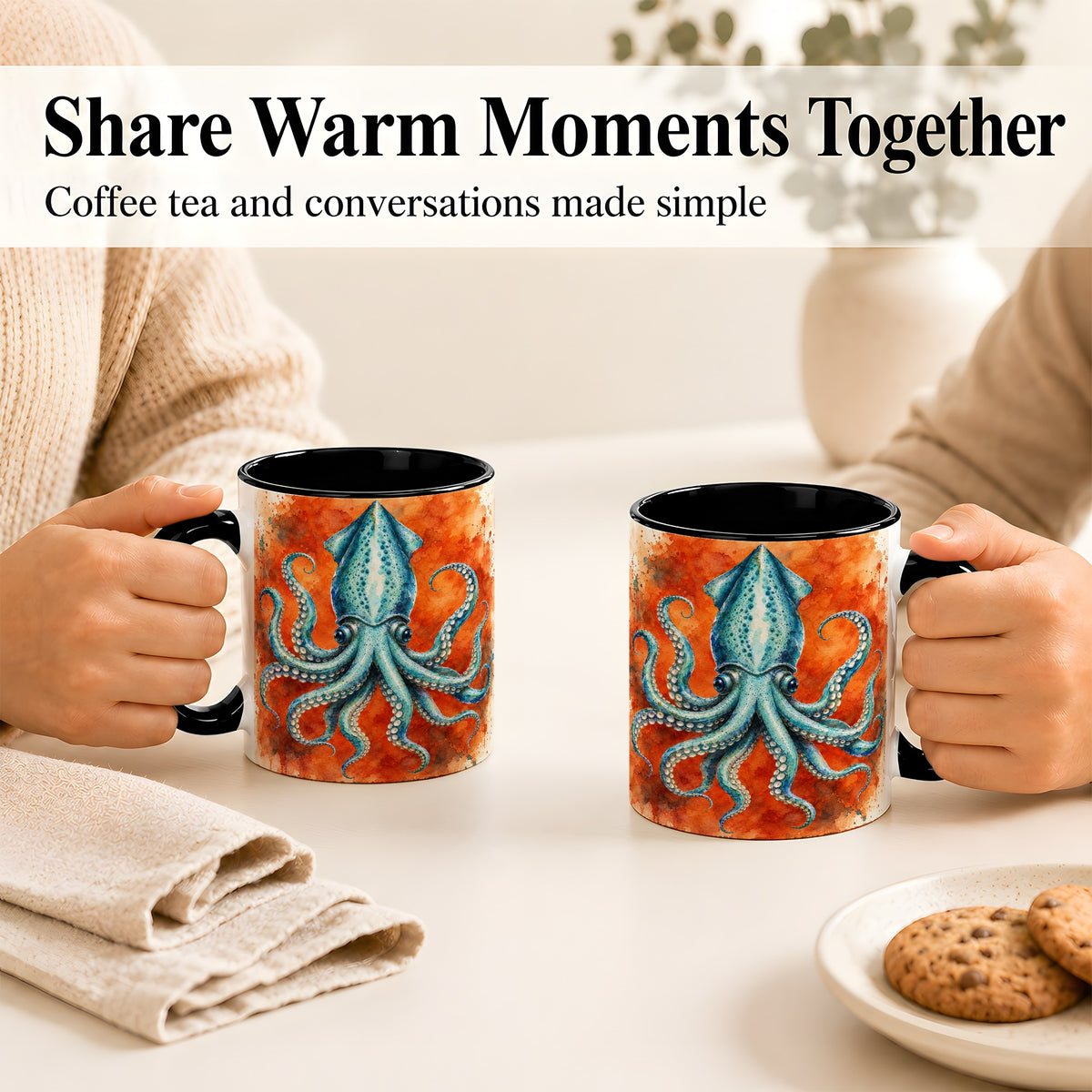 #pl[11oz|Black] Watercolor Blue Squid Coffee Mug, Ocean Creature Mug, Ceramic Cup