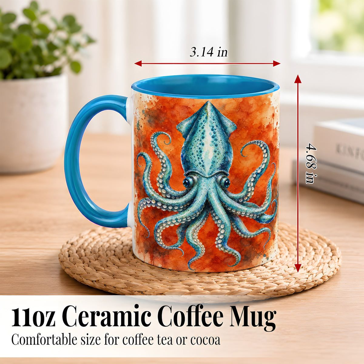 #pl[11oz|Blue] Watercolor Blue Squid Coffee Mug, Ocean Creature Mug, Ceramic Cup