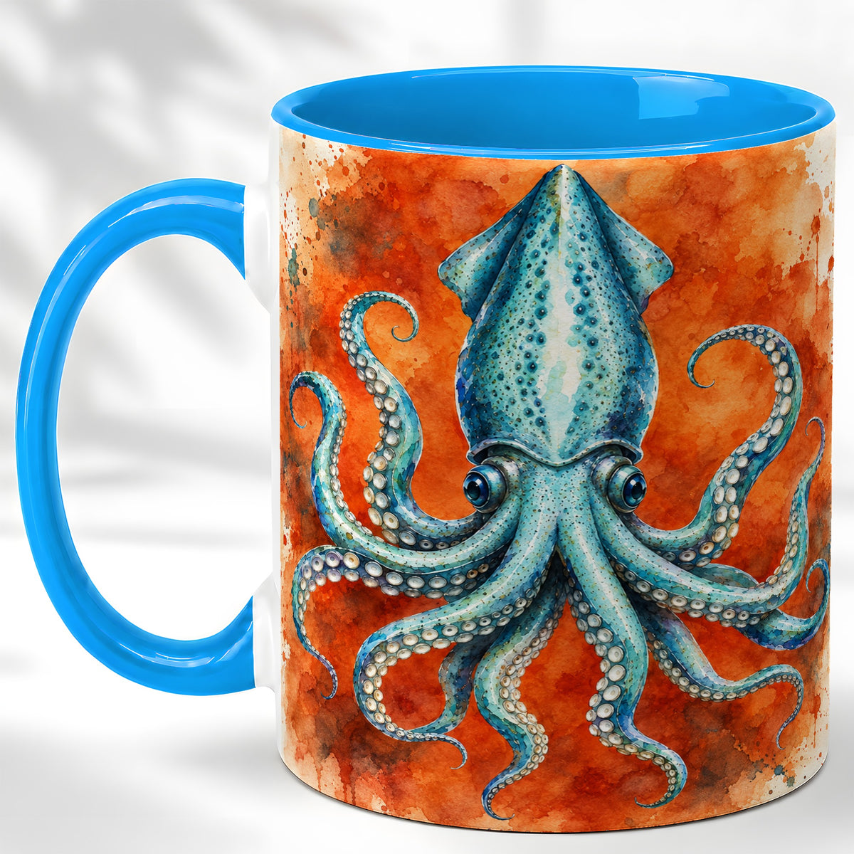 #pl[11oz|Blue] Watercolor Blue Squid Coffee Mug, Ocean Creature Mug, Ceramic Cup
