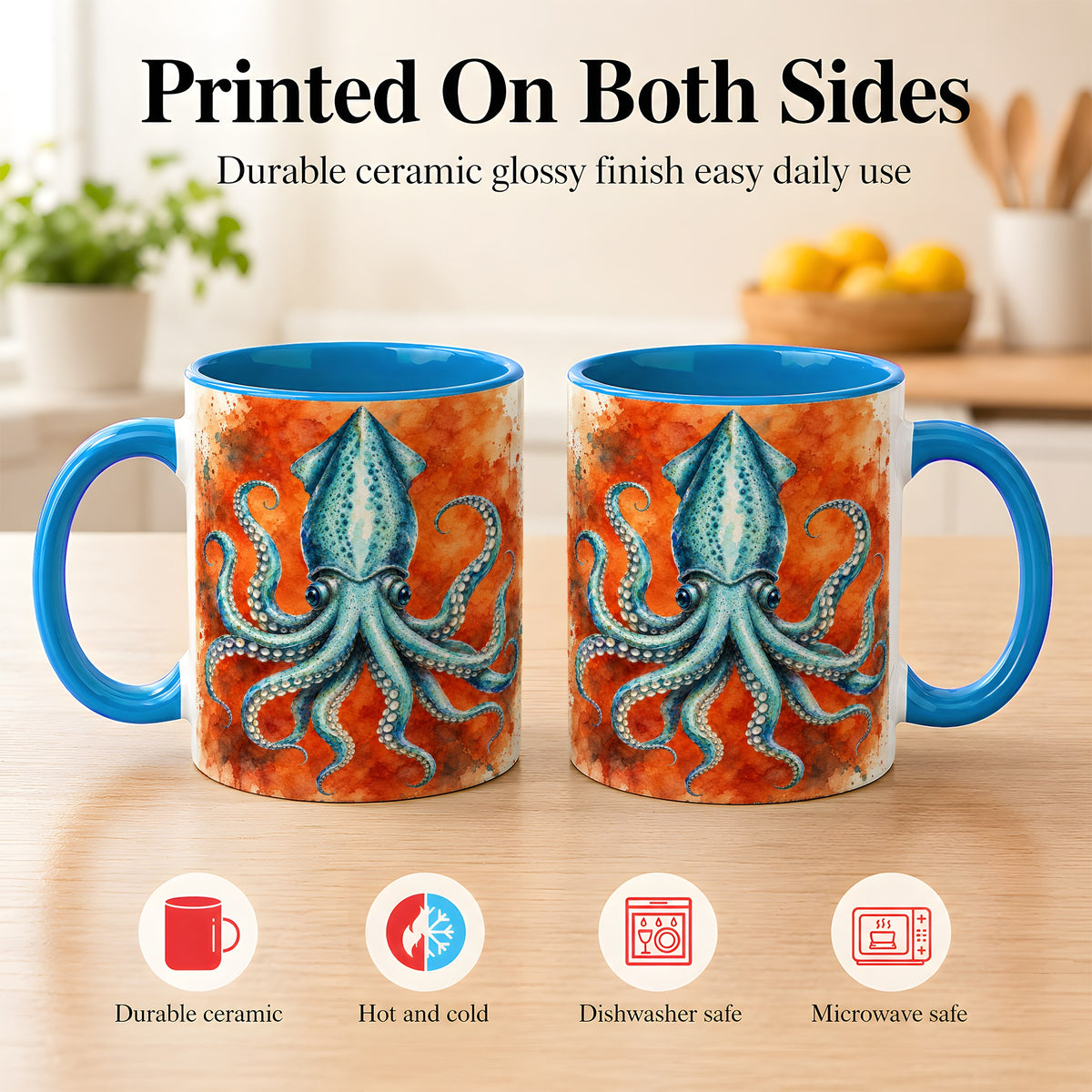 #pl[11oz|Blue] Watercolor Blue Squid Coffee Mug, Ocean Creature Mug, Ceramic Cup