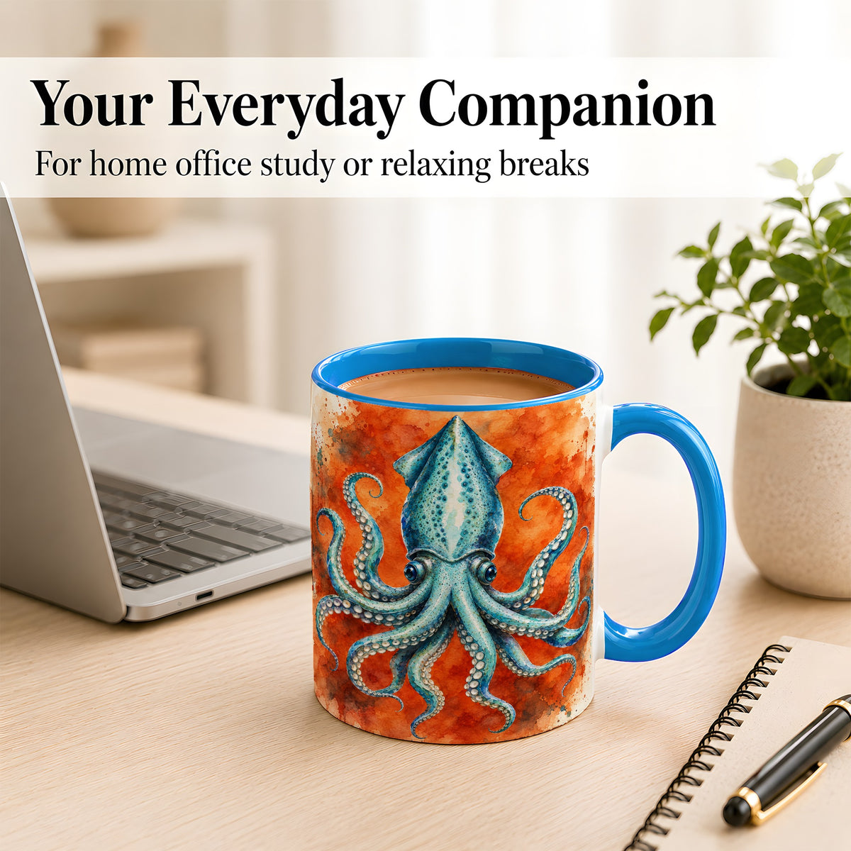 #pl[11oz|Blue] Watercolor Blue Squid Coffee Mug, Ocean Creature Mug, Ceramic Cup