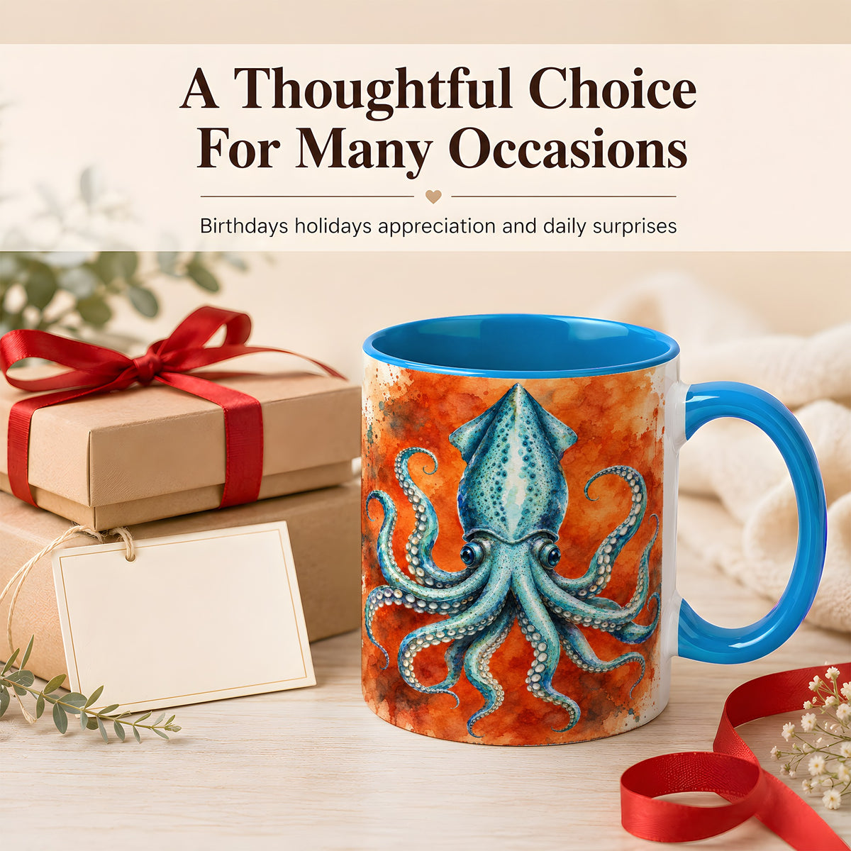 #pl[11oz|Blue] Watercolor Blue Squid Coffee Mug, Ocean Creature Mug, Ceramic Cup