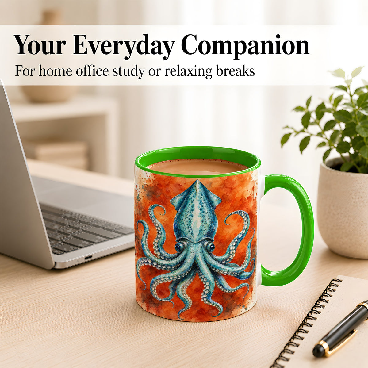 #pl[11oz|Green] Watercolor Blue Squid Coffee Mug, Ocean Creature Mug, Ceramic Cup
