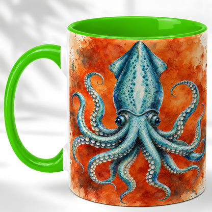 #pl[11oz|Green] Watercolor Blue Squid Coffee Mug, Ocean Creature Mug, Ceramic Cup