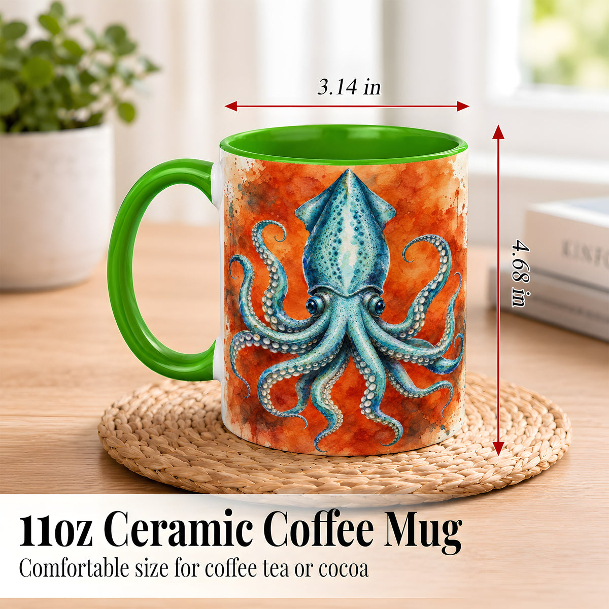 #pl[11oz|Green] Watercolor Blue Squid Coffee Mug, Ocean Creature Mug, Ceramic Cup