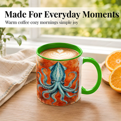 #pl[11oz|Green] Watercolor Blue Squid Coffee Mug, Ocean Creature Mug, Ceramic Cup