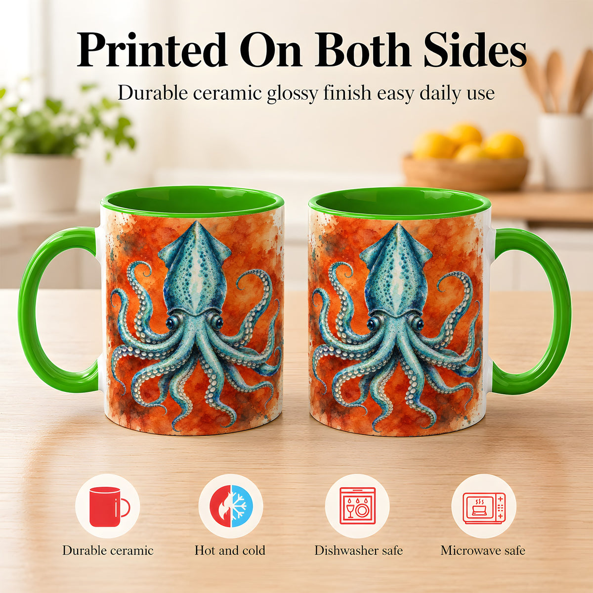 #pl[11oz|Green] Watercolor Blue Squid Coffee Mug, Ocean Creature Mug, Ceramic Cup