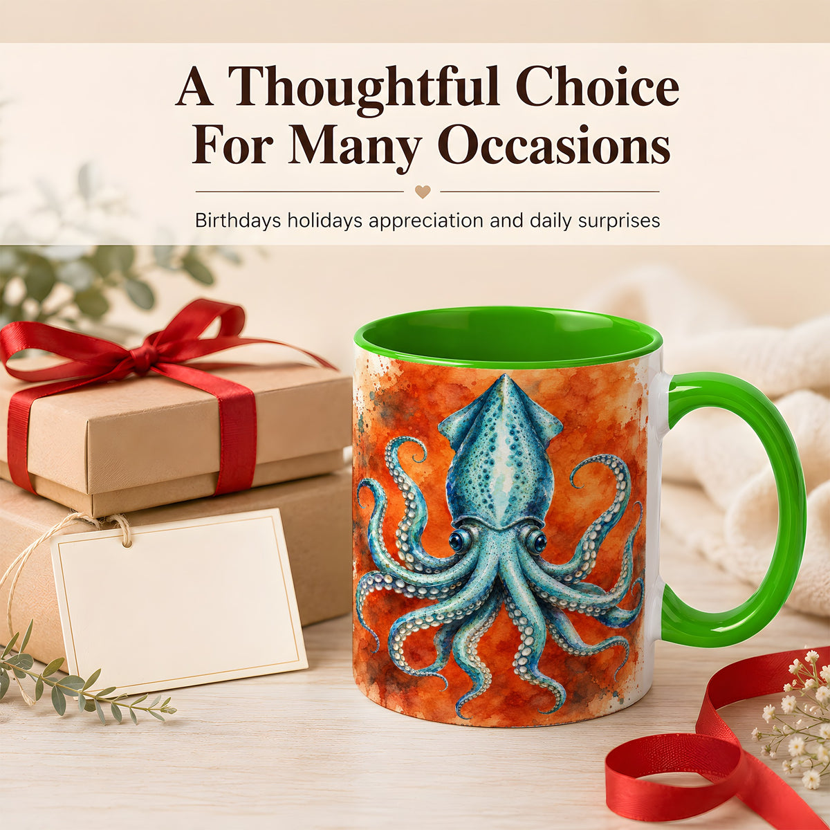 #pl[11oz|Green] Watercolor Blue Squid Coffee Mug, Ocean Creature Mug, Ceramic Cup