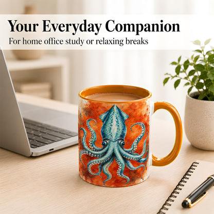 #pl[11oz|Orange] Watercolor Blue Squid Coffee Mug, Ocean Creature Mug, Ceramic Cup
