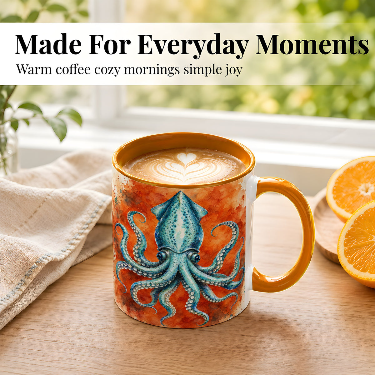 #pl[11oz|Orange] Watercolor Blue Squid Coffee Mug, Ocean Creature Mug, Ceramic Cup