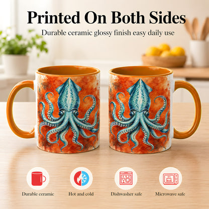 #pl[11oz|Orange] Watercolor Blue Squid Coffee Mug, Ocean Creature Mug, Ceramic Cup