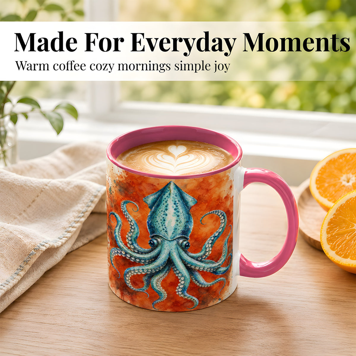 #pl[11oz|Pink] Watercolor Blue Squid Coffee Mug, Ocean Creature Mug, Ceramic Cup