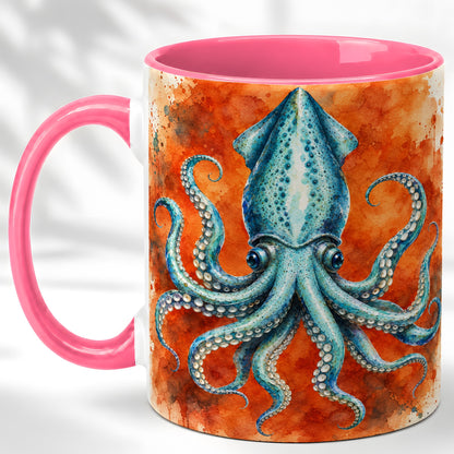 #pl[11oz|Pink] Watercolor Blue Squid Coffee Mug, Ocean Creature Mug, Ceramic Cup