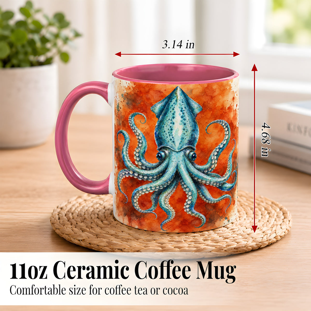 #pl[11oz|Pink] Watercolor Blue Squid Coffee Mug, Ocean Creature Mug, Ceramic Cup