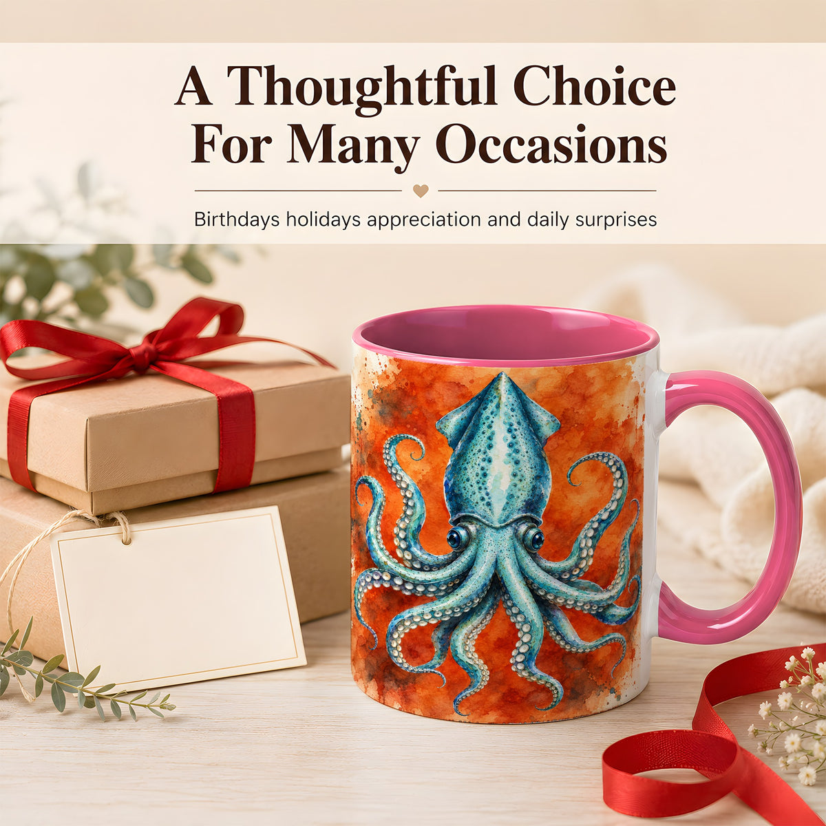 #pl[11oz|Pink] Watercolor Blue Squid Coffee Mug, Ocean Creature Mug, Ceramic Cup