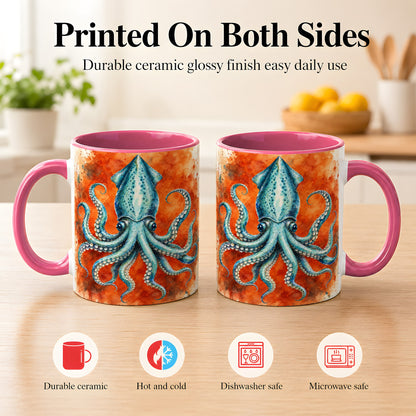 #pl[11oz|Pink] Watercolor Blue Squid Coffee Mug, Ocean Creature Mug, Ceramic Cup