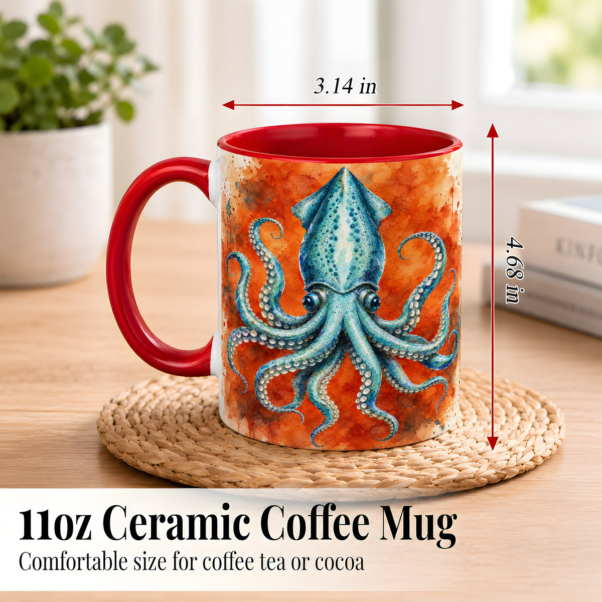 #pl[11oz|Red] Watercolor Blue Squid Coffee Mug, Ocean Creature Mug, Ceramic Cup