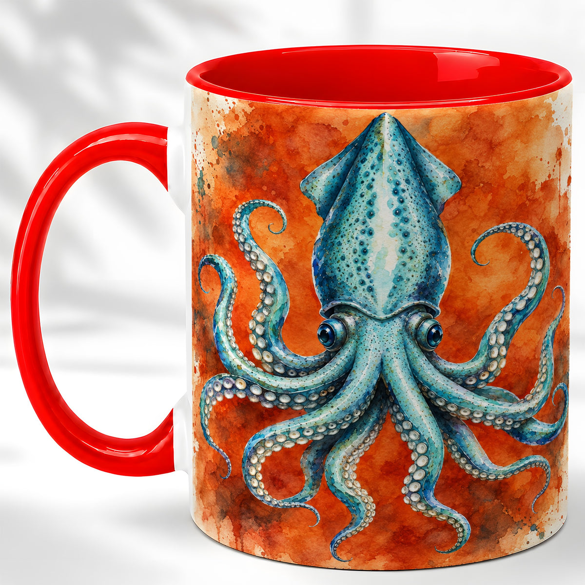 Watercolor Blue Squid Coffee Mug, Ocean Creature Mug, Ceramic Cup