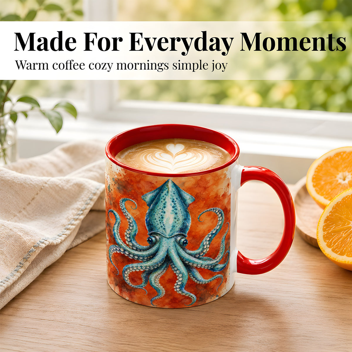 #pl[11oz|Red] Watercolor Blue Squid Coffee Mug, Ocean Creature Mug, Ceramic Cup