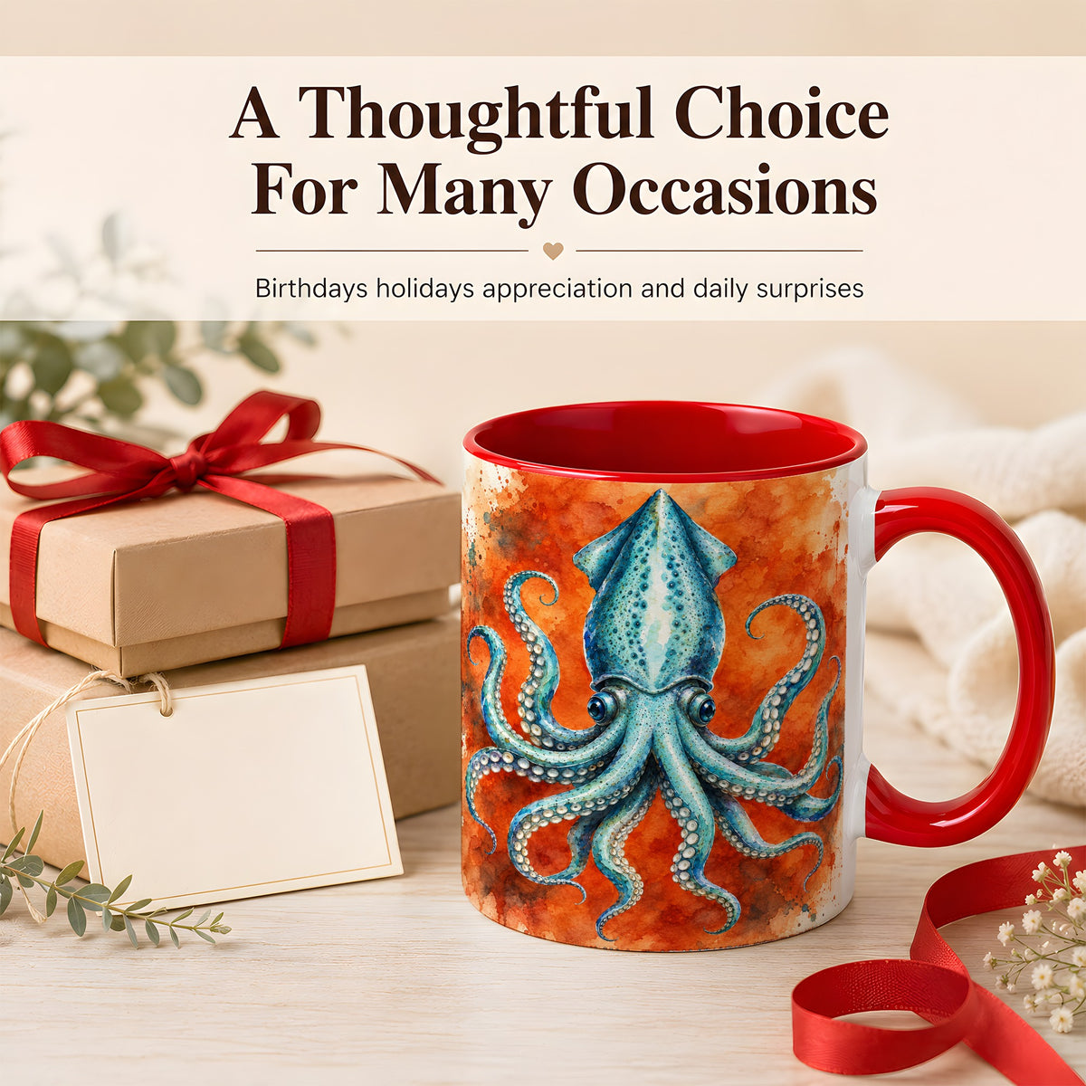 #pl[11oz|Red] Watercolor Blue Squid Coffee Mug, Ocean Creature Mug, Ceramic Cup