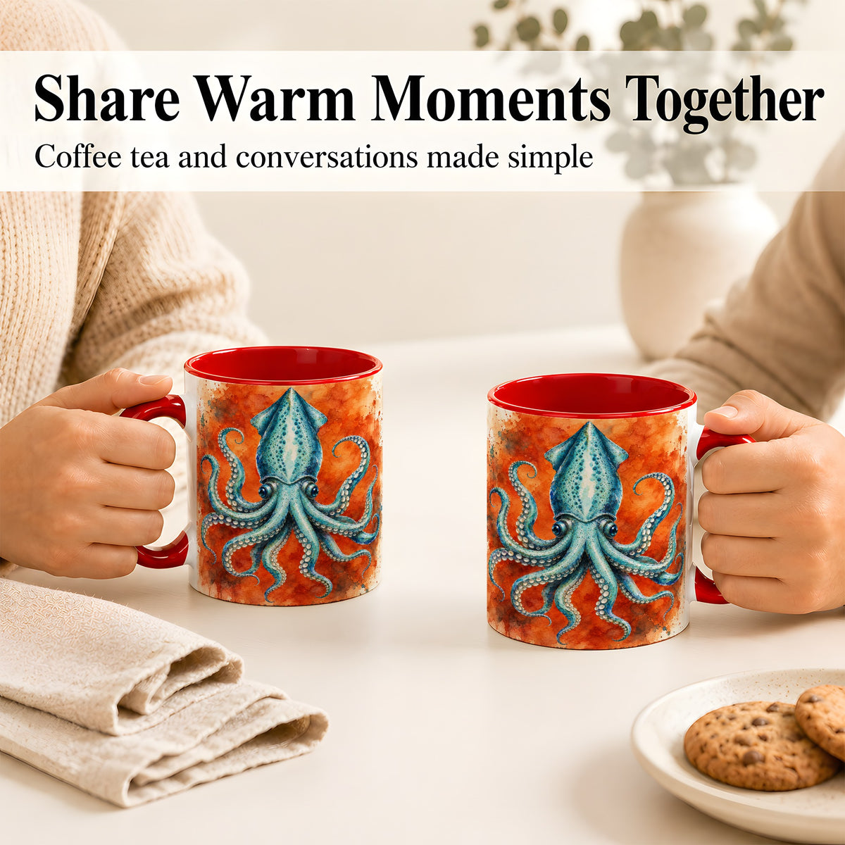 #pl[11oz|Red] Watercolor Blue Squid Coffee Mug, Ocean Creature Mug, Ceramic Cup