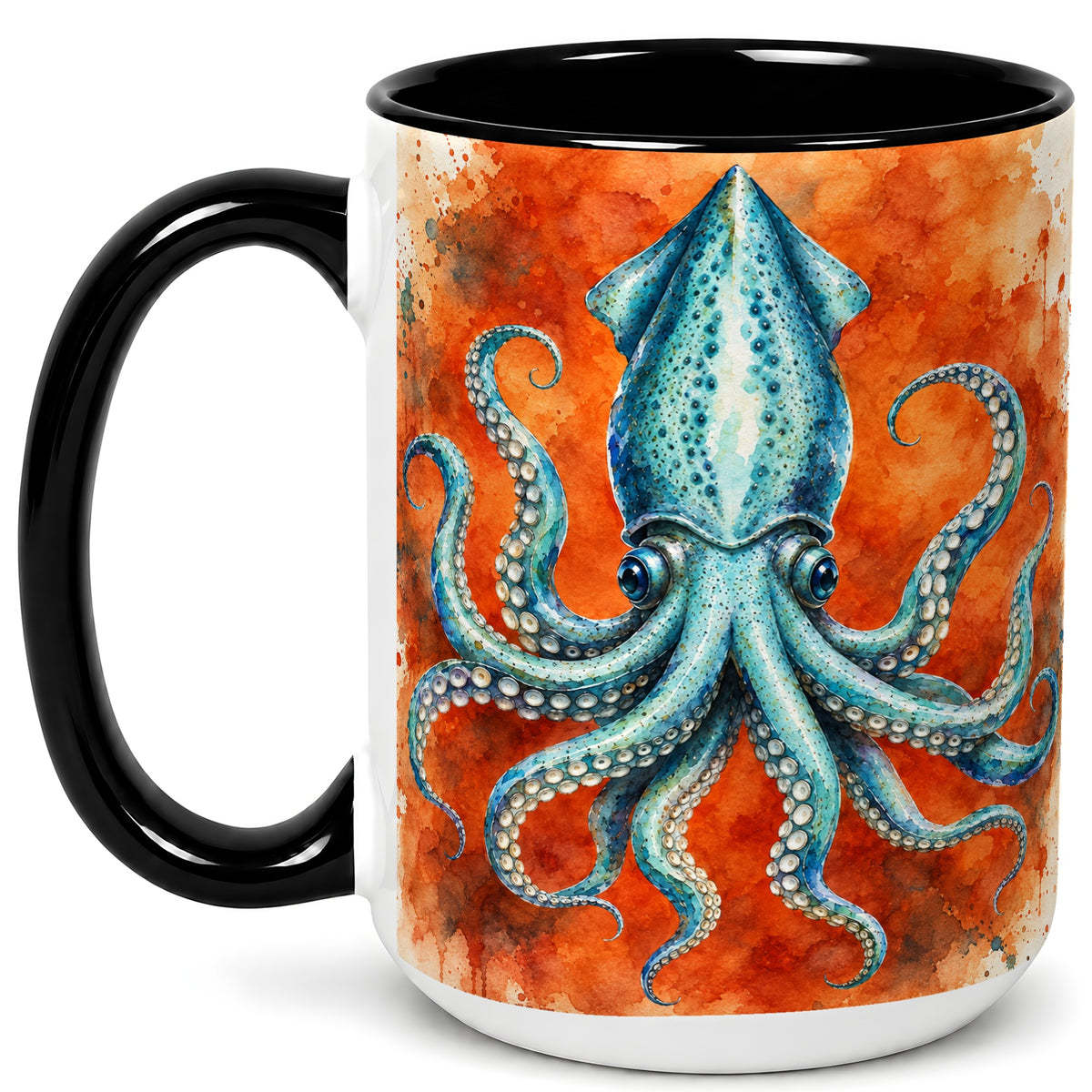 #pl[15oz|Black] Watercolor Blue Squid Coffee Mug, Ocean Creature Mug, Ceramic Cup