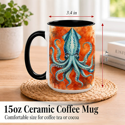 #pl[15oz|Black] Watercolor Blue Squid Coffee Mug, Ocean Creature Mug, Ceramic Cup