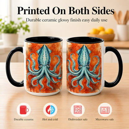 #pl[15oz|Black] Watercolor Blue Squid Coffee Mug, Ocean Creature Mug, Ceramic Cup