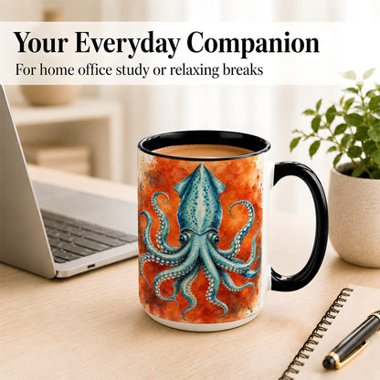 #pl[15oz|Black] Watercolor Blue Squid Coffee Mug, Ocean Creature Mug, Ceramic Cup