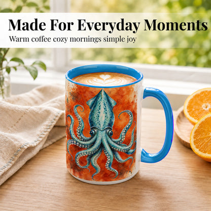 #pl[15oz|Blue] Watercolor Blue Squid Coffee Mug, Ocean Creature Mug, Ceramic Cup