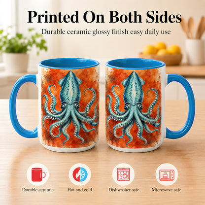 #pl[15oz|Blue] Watercolor Blue Squid Coffee Mug, Ocean Creature Mug, Ceramic Cup