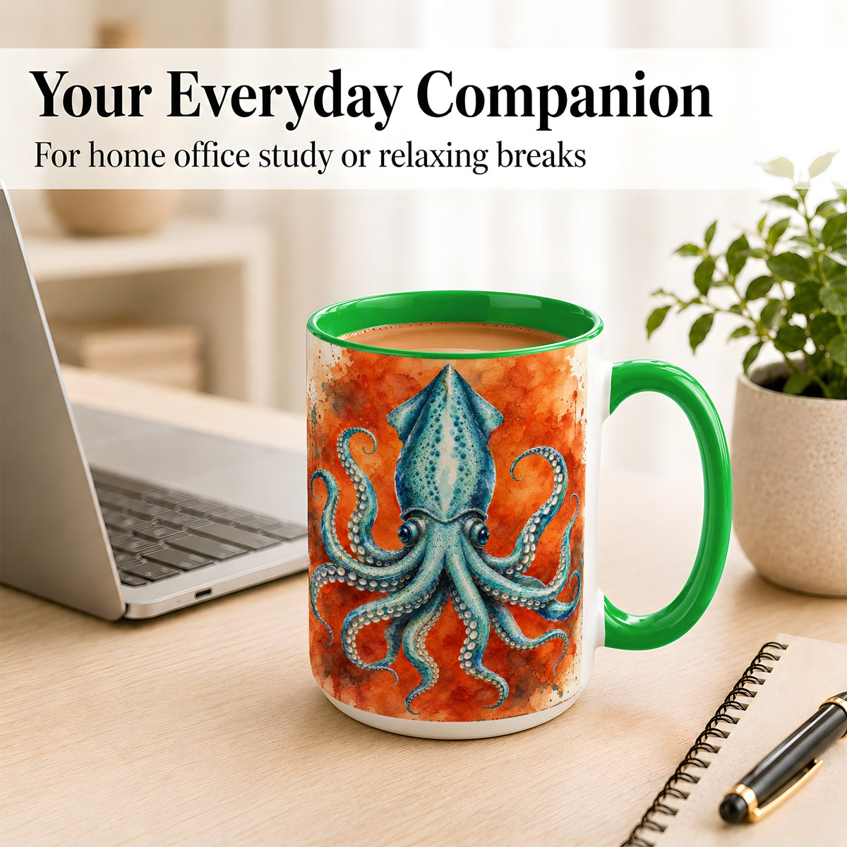 #pl[15oz|Green] Watercolor Blue Squid Coffee Mug, Ocean Creature Mug, Ceramic Cup