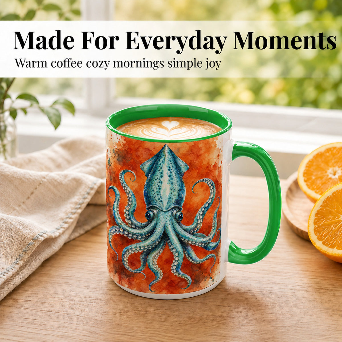 #pl[15oz|Green] Watercolor Blue Squid Coffee Mug, Ocean Creature Mug, Ceramic Cup