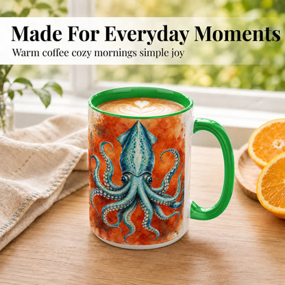#pl[15oz|Green] Watercolor Blue Squid Coffee Mug, Ocean Creature Mug, Ceramic Cup