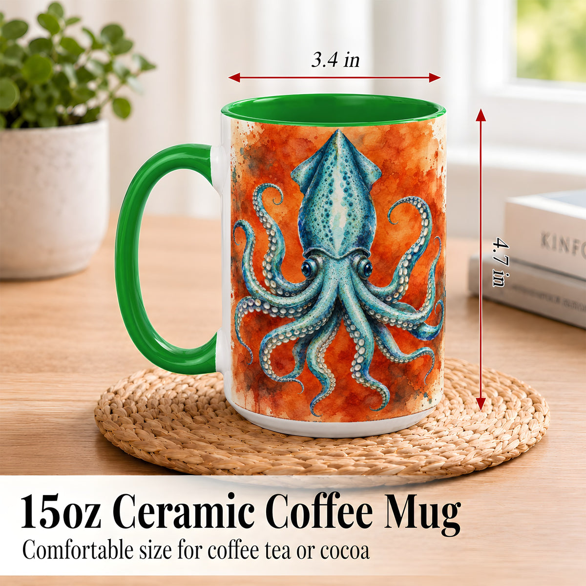 #pl[15oz|Green] Watercolor Blue Squid Coffee Mug, Ocean Creature Mug, Ceramic Cup