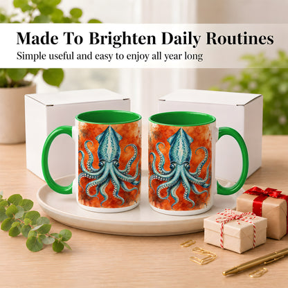 #pl[15oz|Green] Watercolor Blue Squid Coffee Mug, Ocean Creature Mug, Ceramic Cup