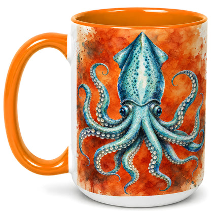 #pl[15oz|Orange] Watercolor Blue Squid Coffee Mug, Ocean Creature Mug, Ceramic Cup
