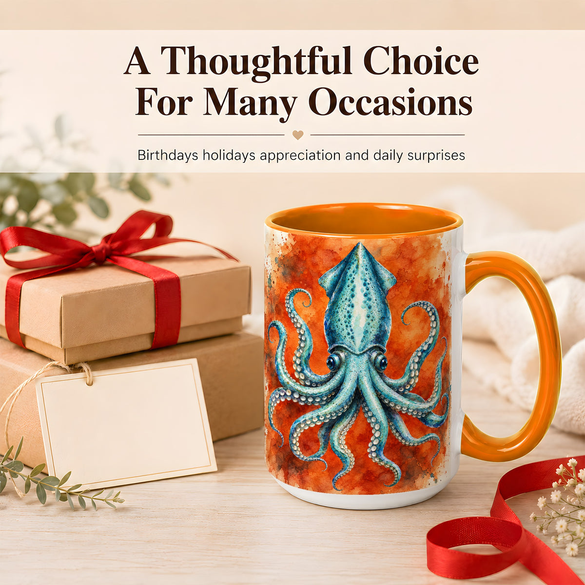 #pl[15oz|Orange] Watercolor Blue Squid Coffee Mug, Ocean Creature Mug, Ceramic Cup